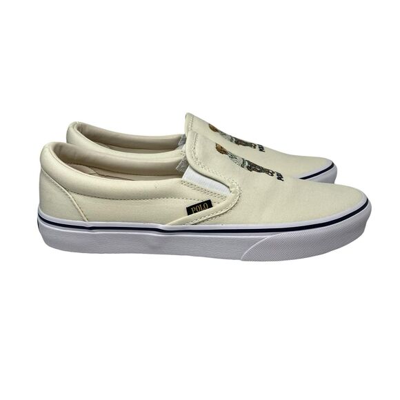 POLO RALPH LAUREN Sneakers Mens 9.5 Cream Canvas Slip On MADRAS BEAR Keaton Boat main image 11